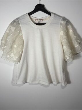 Eri + Ali Anthropologie Cream Puff Sleeve Floral Mesh Top XS